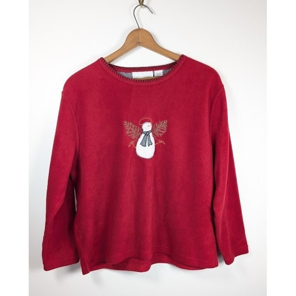 Vtg Fleece Snowman Angel Christmas Sweatshirt Women Large Holiday Cozy Winter